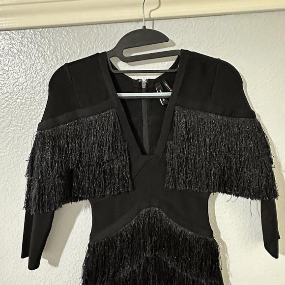 Marciano By Guess Black Mini Flapper Bodycon Fringe Plunge Dress XS Extra Small - Picture 2 of 11